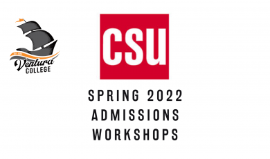 Red and white CSU logo and Ventura College pirate ship logo, reads Spring 2022 Admissions Workshops