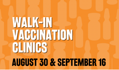 Text reads: Walk-in vaccination clinics August 30 & September 16, 8:00 AM to 1:00 PM, Ventura College Gutherie Hall, Sponsored by Ventura County, Ventura College and Ventura County logos, Orange background 