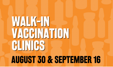 Text reads: Walk-in vaccination clinics August 30 & September 16, 8:00 AM to 1:00 PM, Ventura College Gutherie Hall, Sponsored by Ventura County, Ventura College and Ventura County logos, Orange background