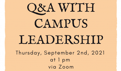 Alt Text: Ventura College and ASVC logos with tan background and blue clouds. Text Reads: Q&A With Campus Leadership, Thursday, September 2nd, 2021, at 1 pm via Zoom. All Students Welcome to Attend.