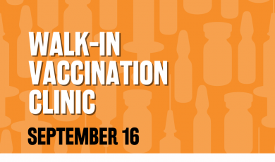 Text reads: Walk-in vaccination clinic September 16, 8:00 AM to 1:00 PM, Ventura College Gutherie Hall, Sponsored by Ventura County, Ventura College and Ventura County logos, Orange background 