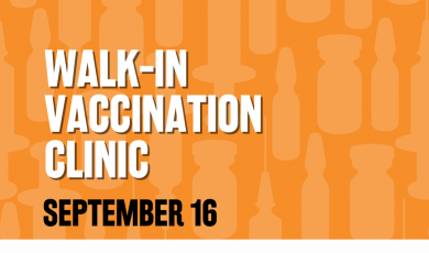 Text reads: Walk-in vaccination clinic September 16, 8:00 AM to 1:00 PM, Ventura College Gutherie Hall, Sponsored by Ventura County, Ventura College and Ventura County logos, Orange background