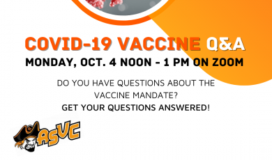 Text reads: COVID-19 Vaccine Q&A, Monday, Oct. 4, Noon - 1 PM on Zoom, Do you have questions about the vaccine mandate? Get Your Questions Answered!