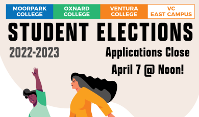 Two illustrated diverse people walking in a landscape. Text that reads: Student Elections 2022-2023 Applications close April 7 @ noon!