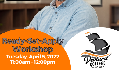 Man smiling with glasses. Text reads" ready, set, apply workshop" on Tuesday, April 5, 2022 at 11 am-12 pm
