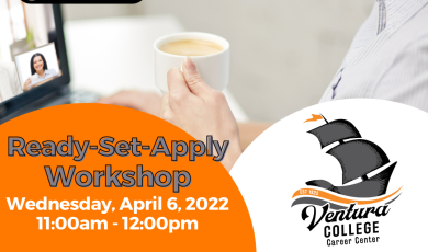 women reviewing notes. text reads "ready set apply workshop" on Wednesday, April 6, 2022 from 11 am- 12 pm.