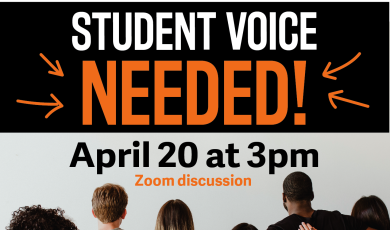 Student Voice Needed April 20 at 3 p.m. - Zoom Discussion. VC is creating a student space that celebrates diversity, equity and inclusion. 