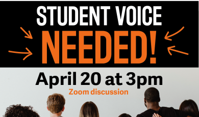 Student Voice Needed April 20 at 3 p.m. - Zoom Discussion. VC is creating a student space that celebrates diversity, equity and inclusion.