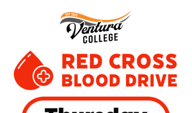 Ventura College Logo and Red Cross, Red Cross Blood Drive, Thursday, January 19 10 a.m. to 4:30 p.m. at MCW Quad