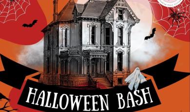 Halloween Bash - Meet Women in STEM for an engaging STEM activity - Graphic of haunted house on red background