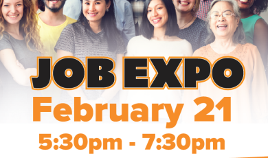 Group of People in Photo with Text: Job Expo February 21, 5:30 p.m. -7:30 p.m. Ventura College is hiring
