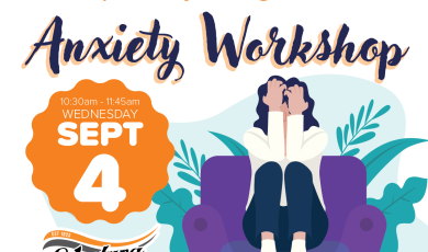 Learn to cope with stress and develop anxiety management tools. Anxiety Workshop. Sept. 4, Ventura College, cartoon of woman on chair with hands over face