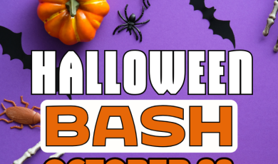 Halloween Bash October 28 10 to noon graphics of pumpkins bats and spiders