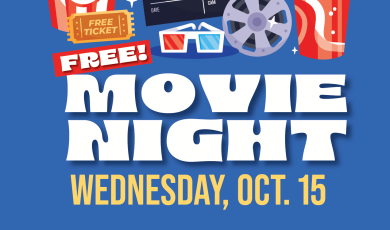 FREE Movie Night Wednesday Oct 14 - graphics of popcorn, drinks, tickets, movie reel