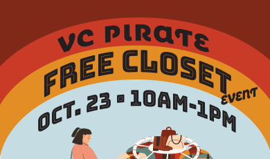 VC Pirate FREE Closet Event Oct 23 10 a.m. to 2 p.m. - Cartoon woman looking through clothes rack