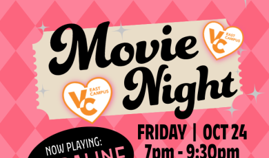 Ventura College East Campus Movie Night Friday Oct 24 7 pm to 9 30 PM Now playing Coraline Popcorn graphic 