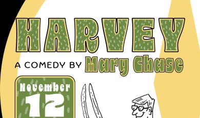 Harvey, a comedy by Mary Chase Nov 12 - 16 Ventura College logo graphics of man and rabbitt