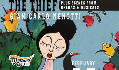 The old maid and the thief by Gian Carlo menotti from February 5-7  - image of a woman with flowers - Plus scences from operas and musicals