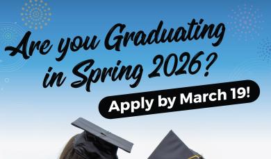 Are you graduating in Spring 2026? Apply by March 19 - Image of two grads from the back