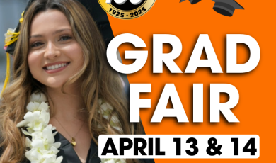 Ventura College grad with black cap and gown and lei VC 100 year logo 1925 to 2000 April 13 and 14 fom 10 am to 1 pm VC Bookstore Quad