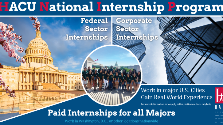 Images of students, a federal building, a corporate building and text with information about HACU National Internship Program