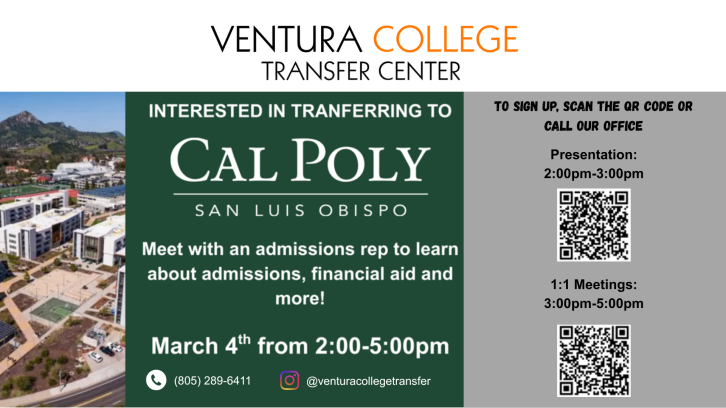 Cal Poly San Luis Obispo meet with an admissions rep to learn about admissions, financial aid and more. March 4th from 2:00pm-5:00pm. 