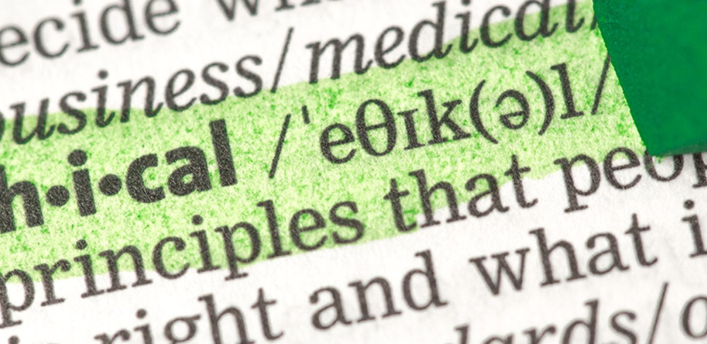 The word "ethical" highlighted in a dictionary.
