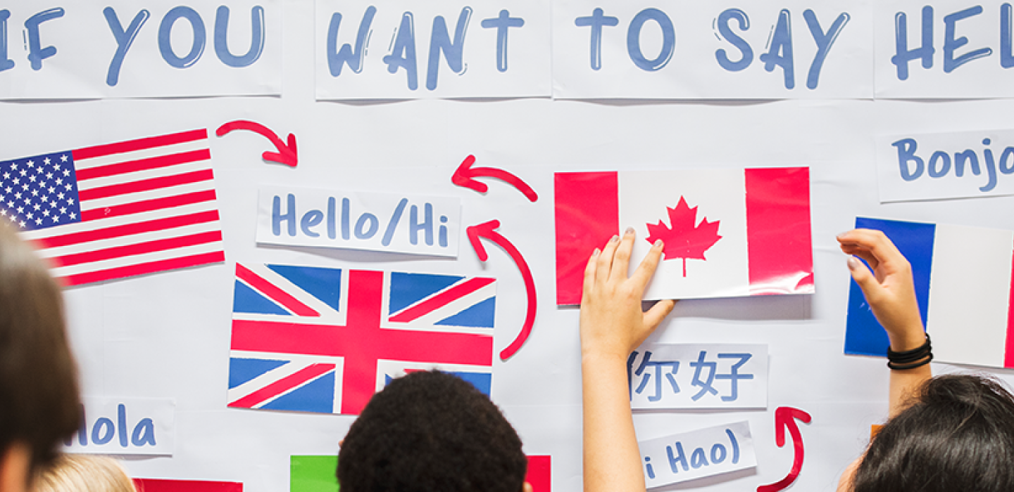 "If You Want to Say Hello" written on a white board with several country flags and language translations.