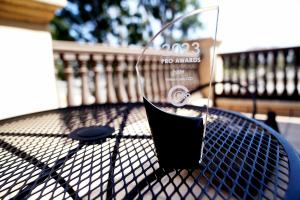 Photograph of a trophy on a black table. Trophy includes tex