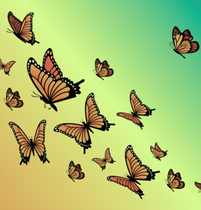 Several butterflies flying upward on a desaturated yellow an Several butterflies flying upward on a desaturated yellow an