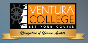 Ventura College, Set Your Course logo with golden banner underneath stating "Recognition of Service Awards"