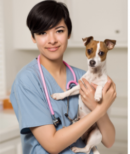 Female veterinarian holding a small white and brown dog.