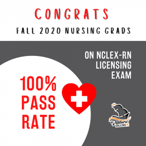 [Red and gray graphic congratulating nursing students on a 100% pass rate on RN licensing exam. Red heart with white medical cross inside.]