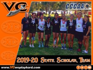 [Photo of Ventura College 2019-20 State Scholar Team with orange on left with VC Pirate logo with cutlass.]