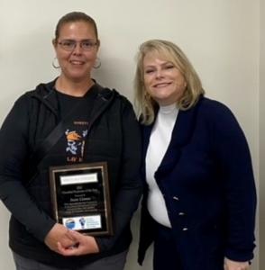 Image of Ventura College 2022 Classified Employee of the Year Jessie Llamas with VC President Kimberly Hoffmans